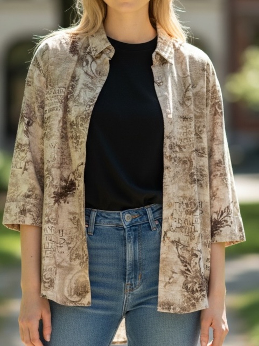 Chico’s Printed Neutral-Tone Button-Front 70% Silk, 30% Linen Women's Top 1(M)
